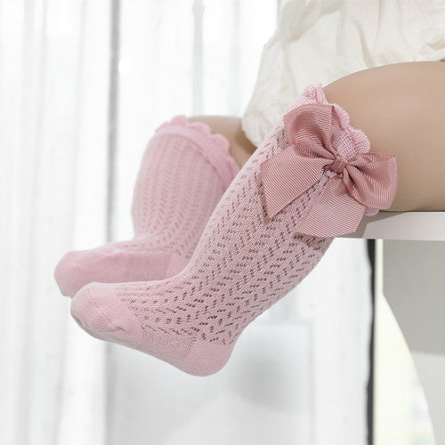 Cotton Baby Socks with Big Bow-Dark Pink-0-12 Months (S)-Nora Luxe