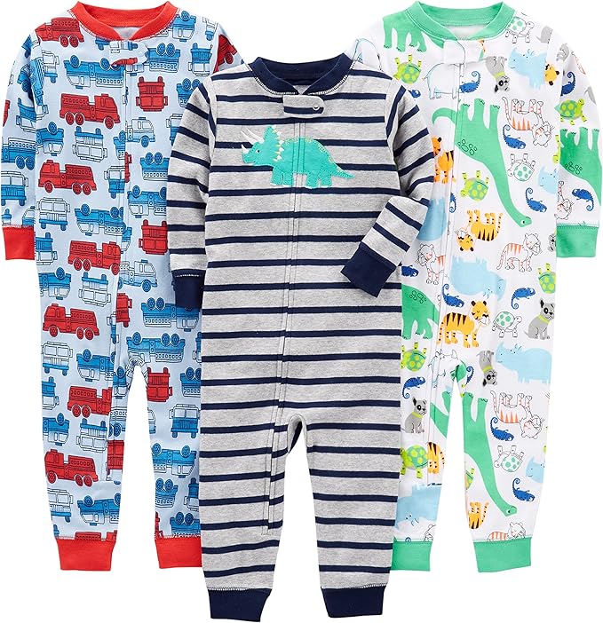 Cotton Pajama Set for Children-Blue Fire Truck/Gray Stripe/White Dinosaur-6-9 months-Nora Luxe
