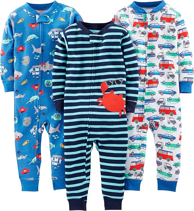 Cotton Pajama Set for Children-Blue Sea Life/Marine Blue Stripe/White Cars-6-9 months-Nora Luxe