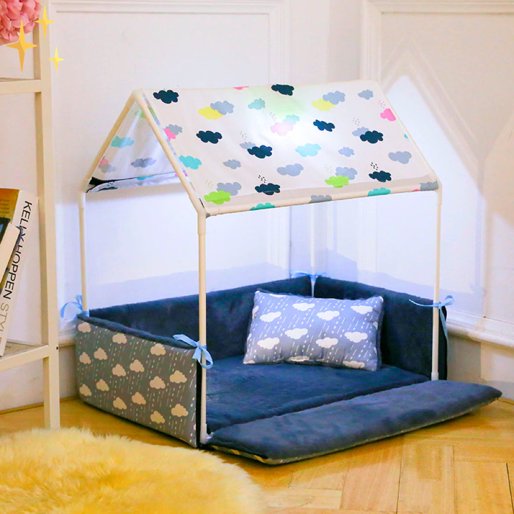 Covered Fleece Sleeping Bed with Canopy and Cushion-Dark Blue-Nora Luxe