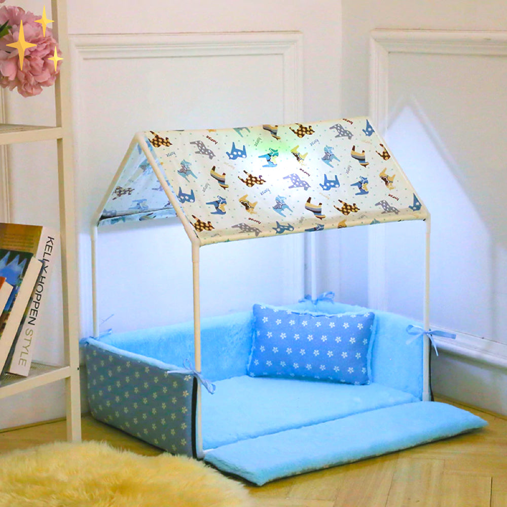 Covered Fleece Sleeping Bed with Canopy and Cushion-Dark Blue-Nora Luxe