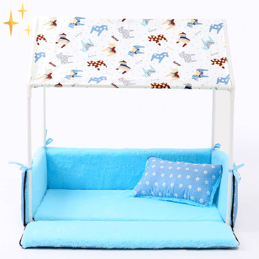 Covered Fleece Sleeping Bed with Canopy and Cushion-Dark Blue-Nora Luxe