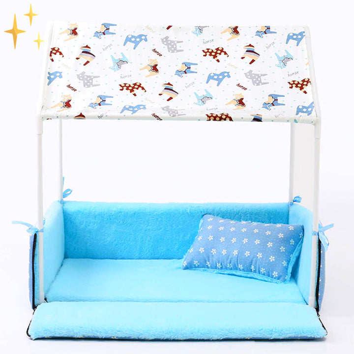 Covered Fleece Sleeping Bed with Canopy and Cushion-Dark Blue-Nora Luxe