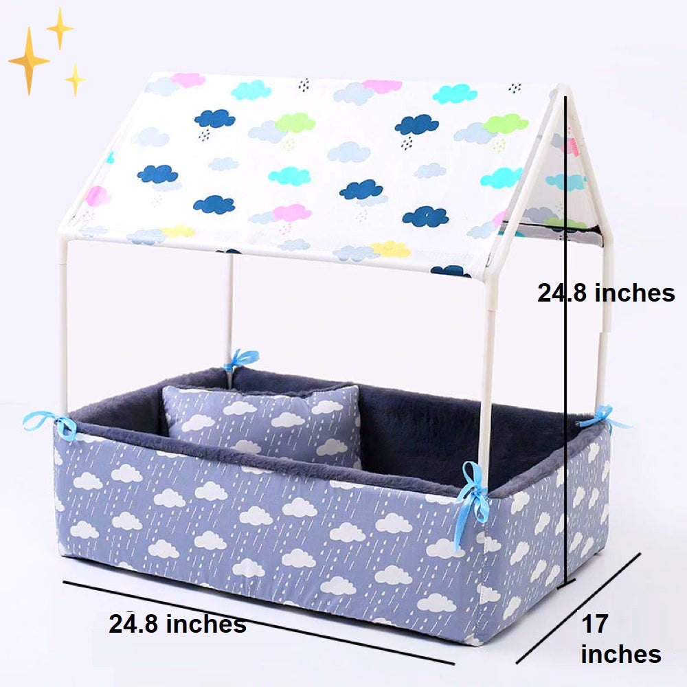 Covered Fleece Sleeping Bed with Canopy and Cushion-Dark Blue-Nora Luxe
