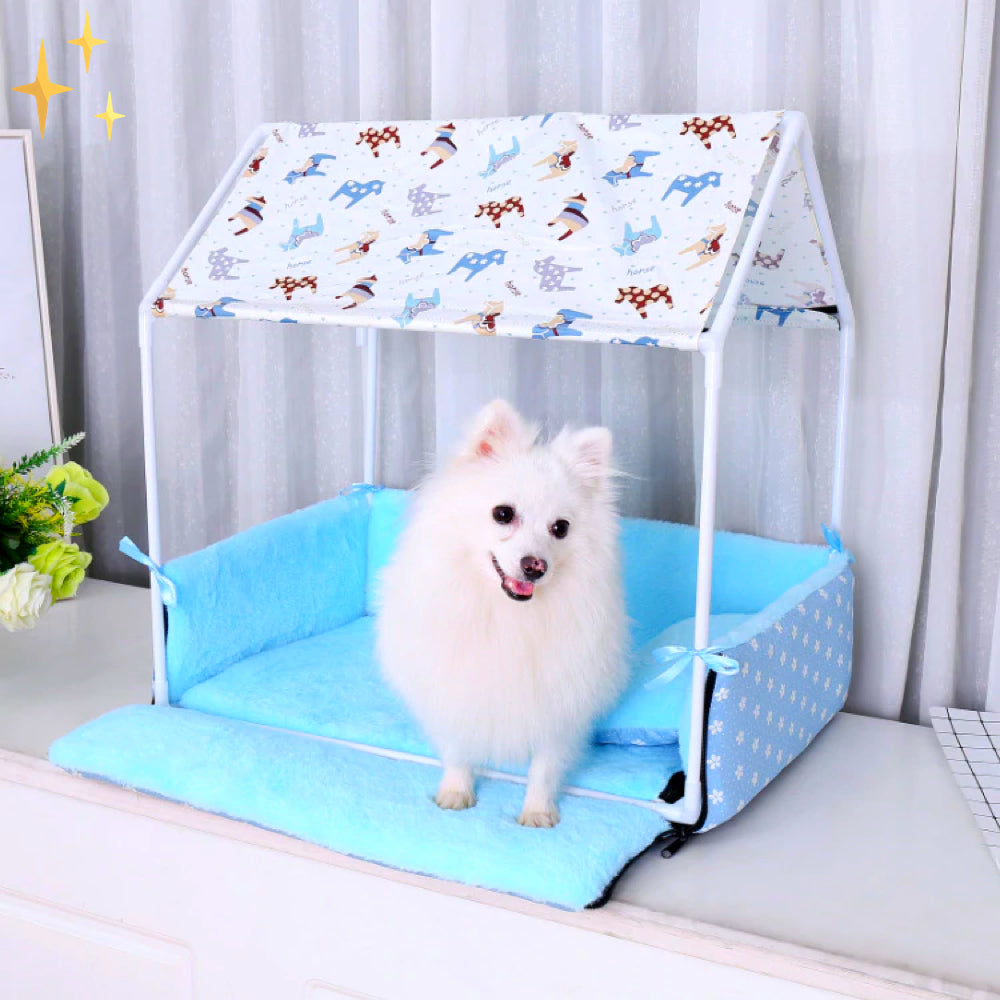 Covered Fleece Sleeping Bed with Canopy and Cushion-Light Blue-Nora Luxe