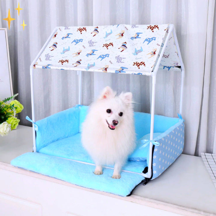 Covered Fleece Sleeping Bed with Canopy and Cushion-Light Blue-Nora Luxe