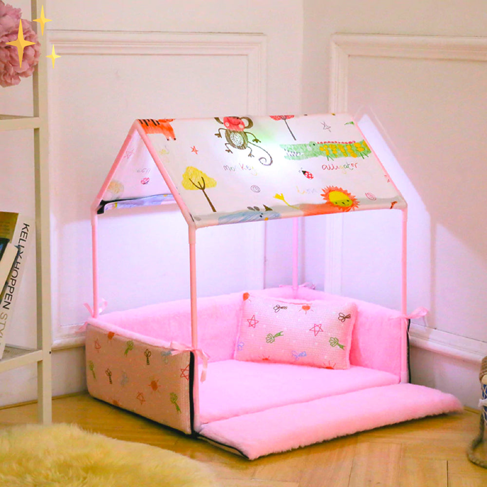 Covered Fleece Sleeping Bed with Canopy and Cushion-Pink-Nora Luxe