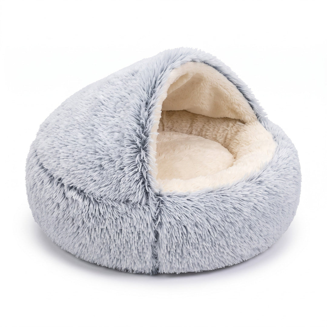 Gray frosted plush hooded cave bed with cream fleece interior