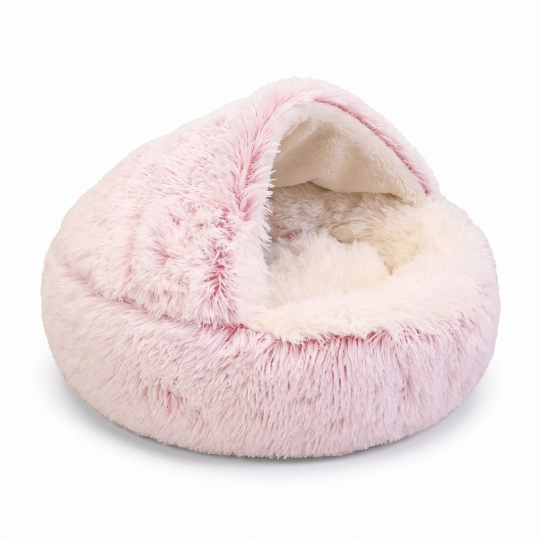 Pink plush hooded cave bed with cream fleece interior