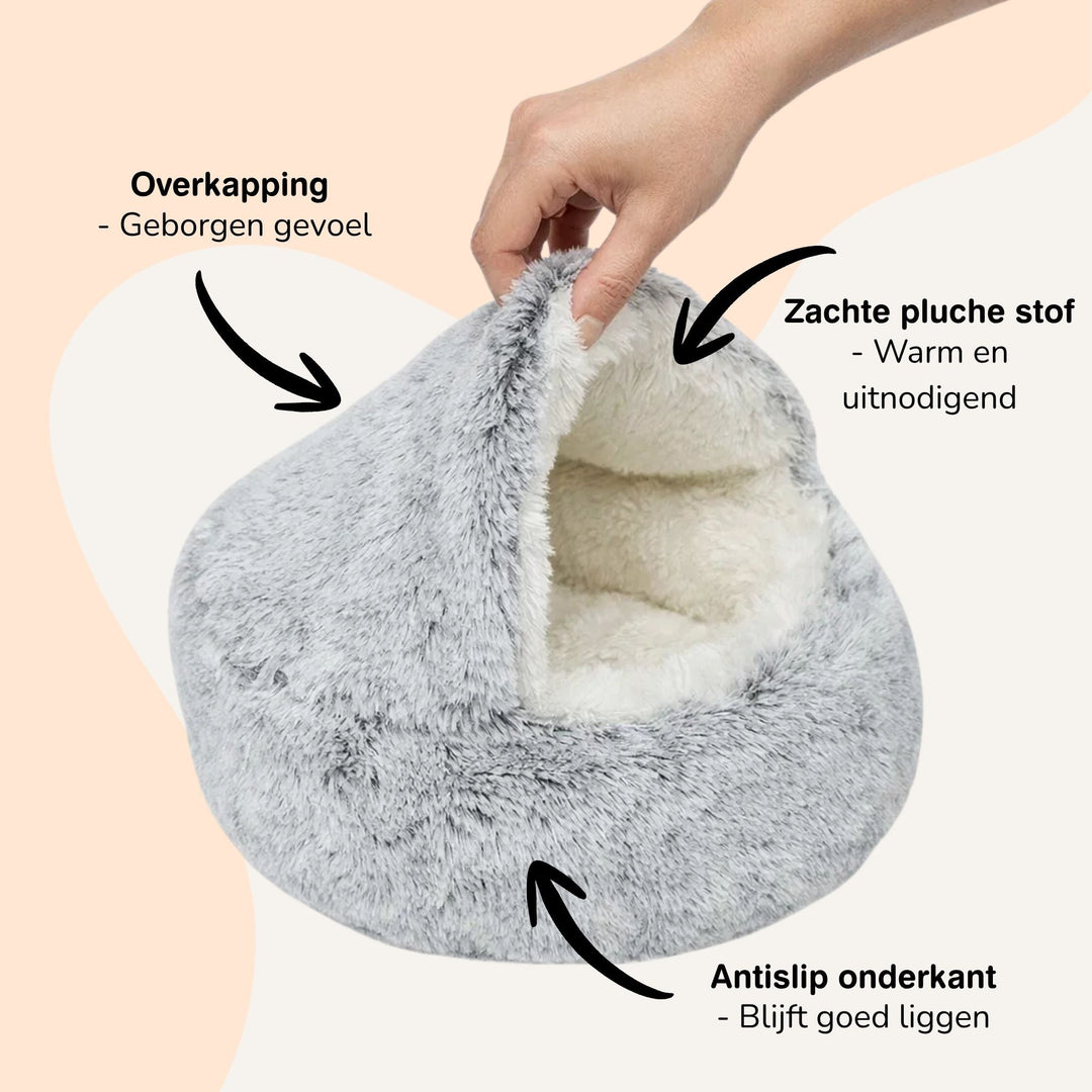 Gray plush bed detail showing the hood and cream lining