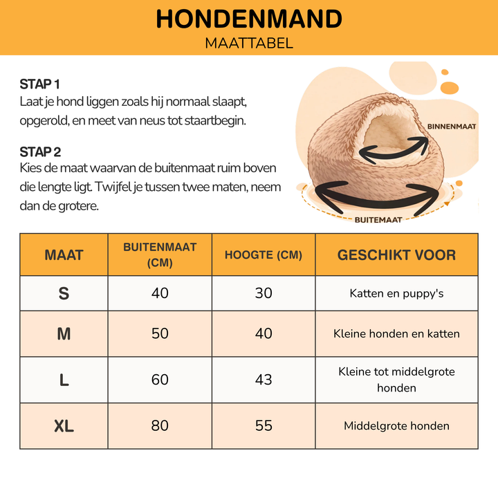 Size chart for the bed with outer dimensions, heights and suitable pet sizes