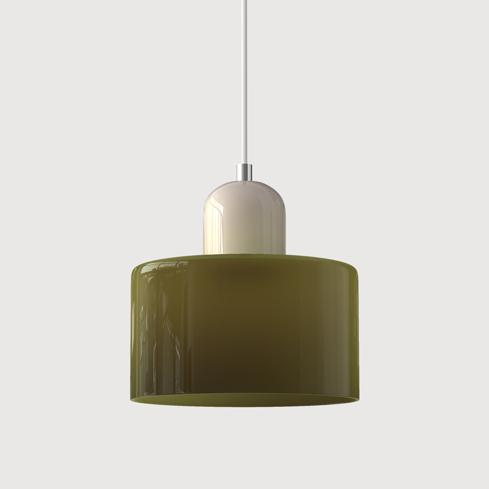 Pendant lamp with a dark olive-green glass drum shade, a beige capsule cap and a white cord. 35