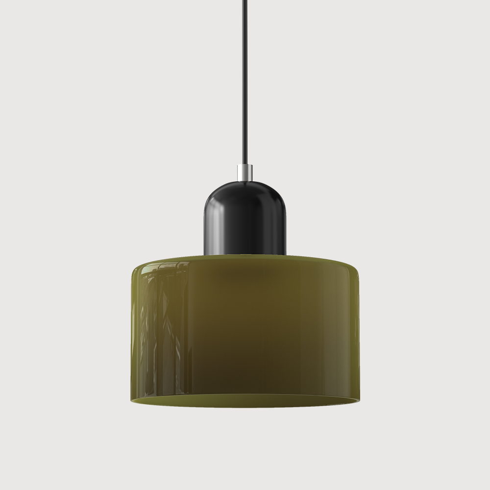 Pendant lamp with a dark olive-green glass drum shade, a glossy black capsule cap and a black cord. 33