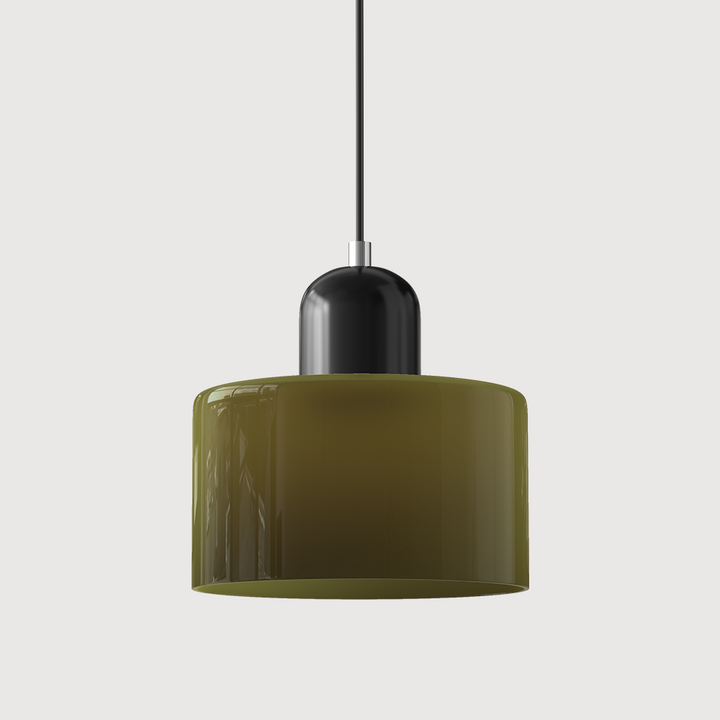Pendant lamp with a dark olive-green glass drum shade, a glossy black capsule cap and a black cord. 33