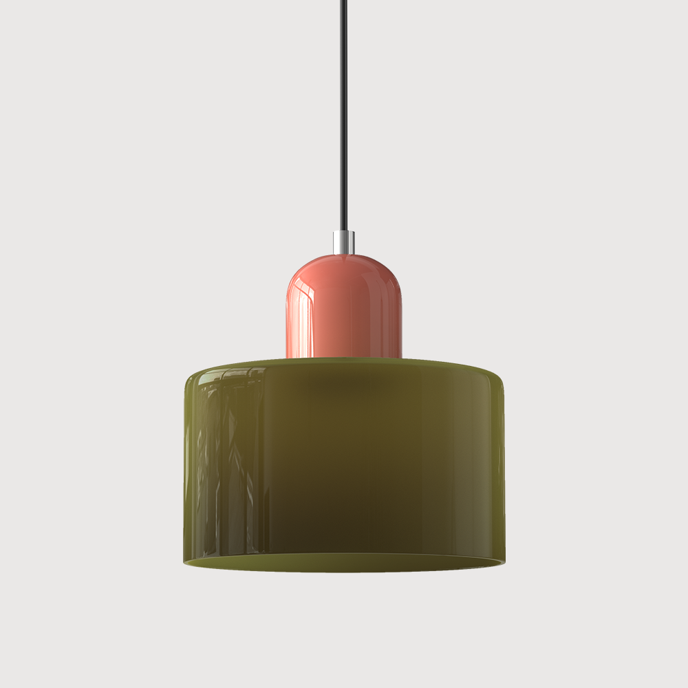 Pendant lamp with a dark olive-green glass drum shade, a coral-pink capsule cap and a black cord. 30