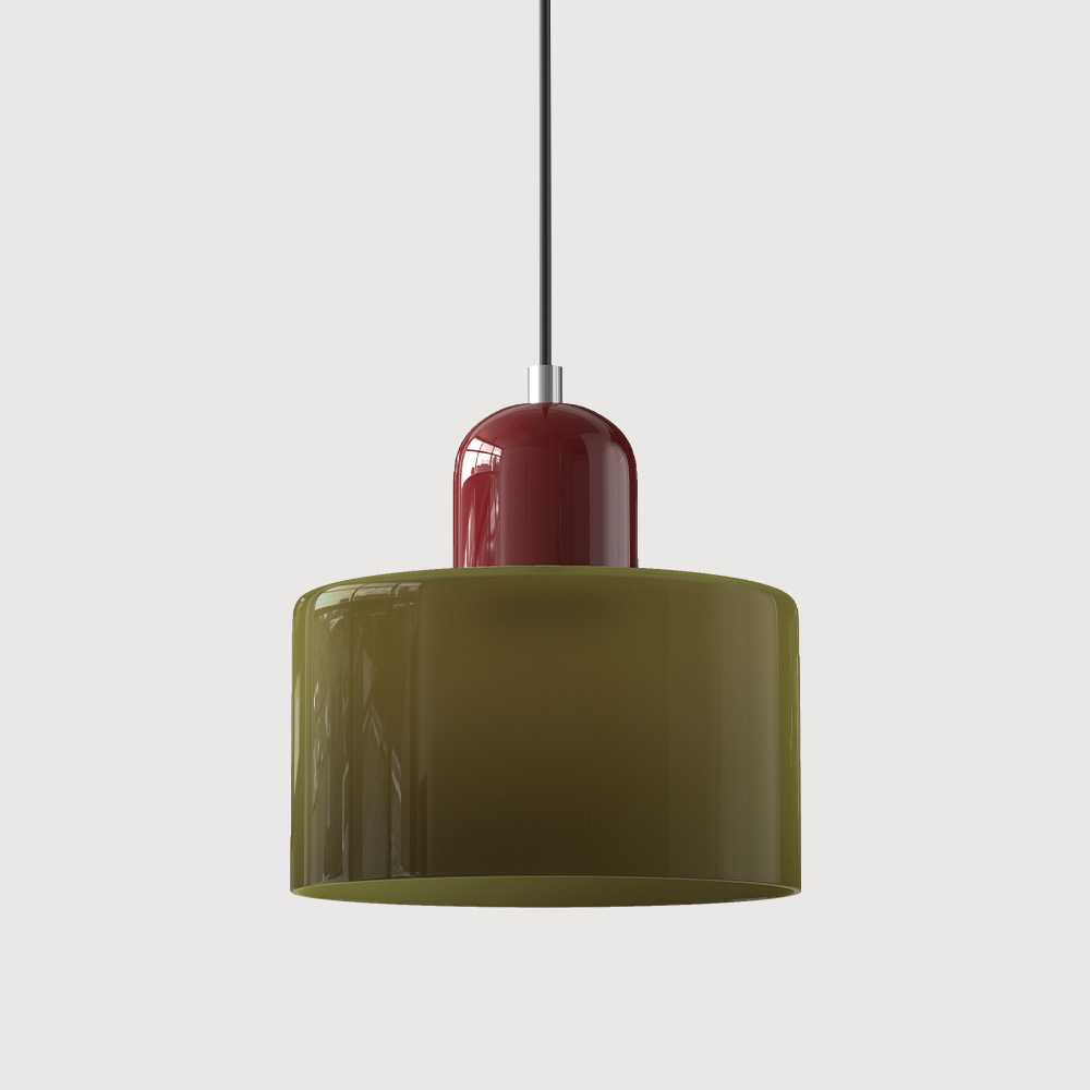 Pendant lamp with a dark olive-green glass drum shade, a deep burgundy capsule cap and a black cord. 32