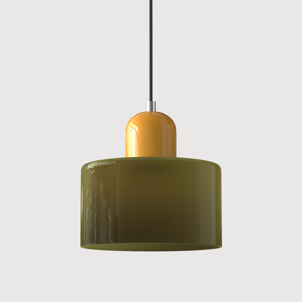 Pendant lamp with a dark olive-green glass drum shade, a mustard-yellow capsule cap and a black cord. 34