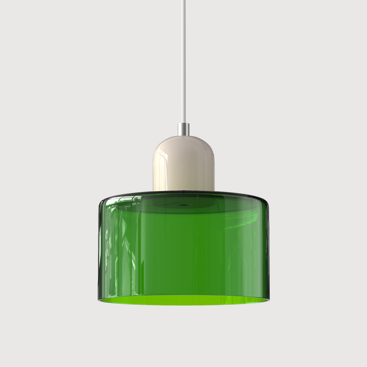 Transparent green glass drum pendant light with a cream cap and white cord on a plain light background. 17
