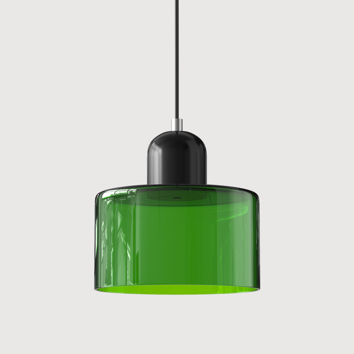 Transparent green glass drum pendant light with a glossy black cap and black cord on a plain light background. 15