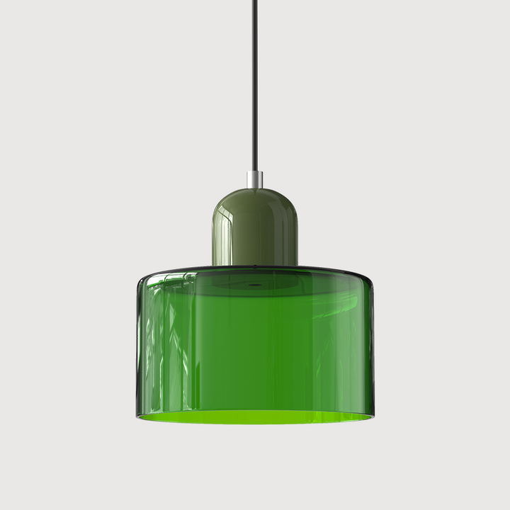 Transparent green glass drum pendant light with an olive green cap and black cord on a plain light background. 13