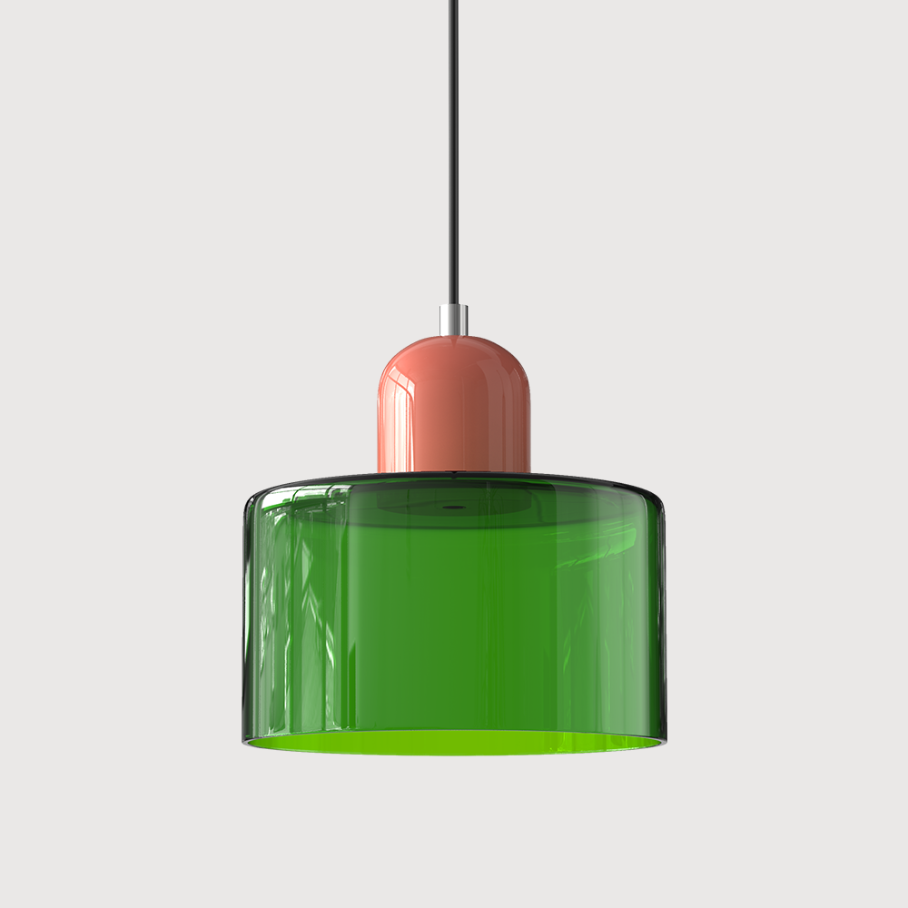 Transparent green glass drum pendant light with a coral cap and black cord on a plain light background. 12