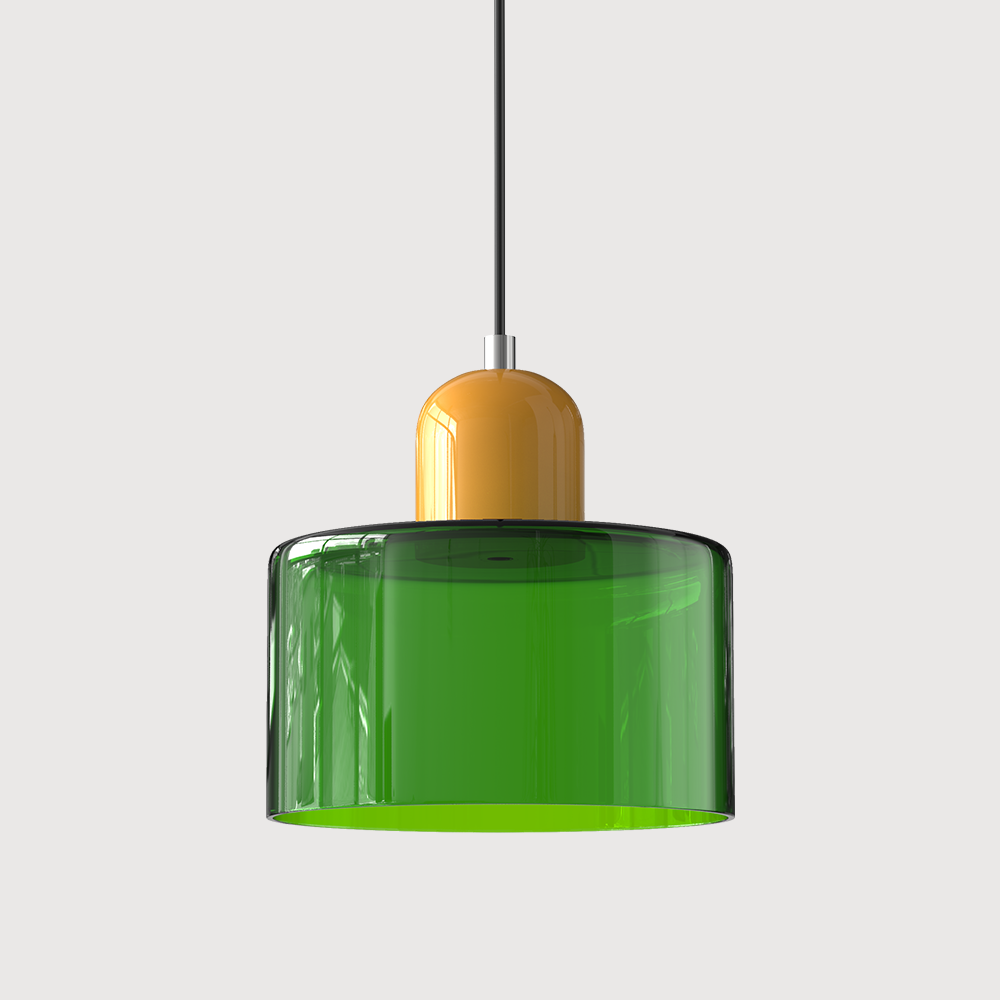Transparent green glass drum pendant light with a mustard yellow cap and black cord on a plain light background. 16