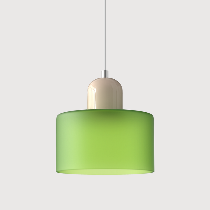 Pendant light with a wide cylindrical green frosted shade, a rounded cream-colored top cap and a thin white cord, shown against a plain light background. 41