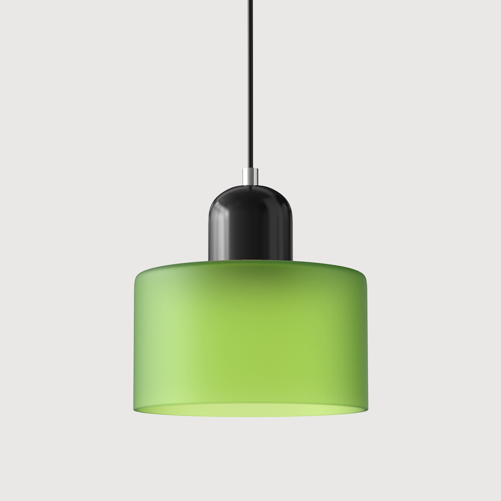 Pendant lamp with a frosted lime-green drum glass shade, a glossy black capsule cap and a black cord. 39