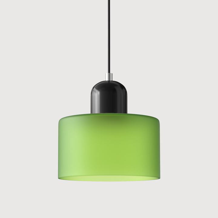Pendant lamp with a frosted lime-green drum glass shade, a glossy black capsule cap and a black cord. 39