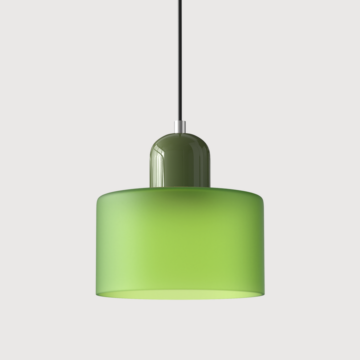 Pendant lamp with a frosted lime-green drum glass shade, an olive-green capsule cap and a black cord. 37