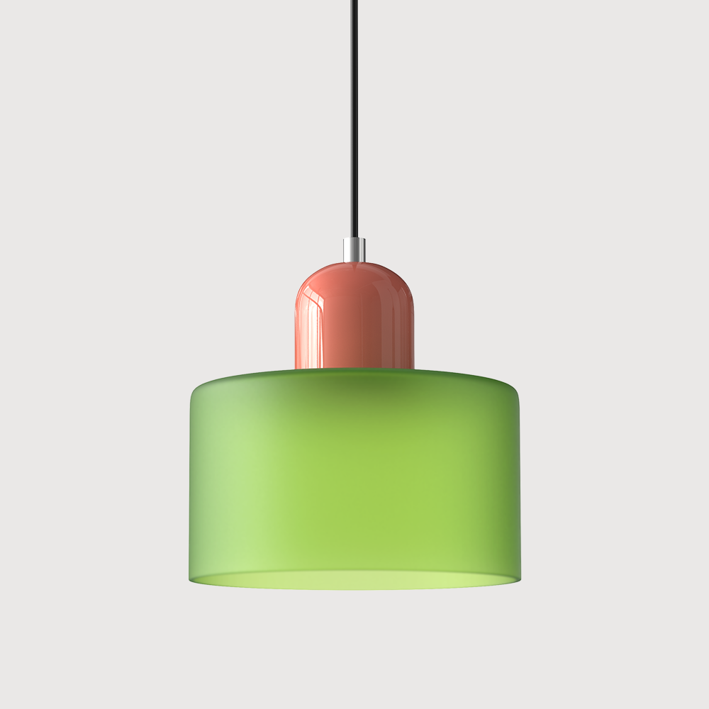 Pendant lamp with a frosted lime-green drum glass shade, a coral-pink capsule cap and a black cord. 36