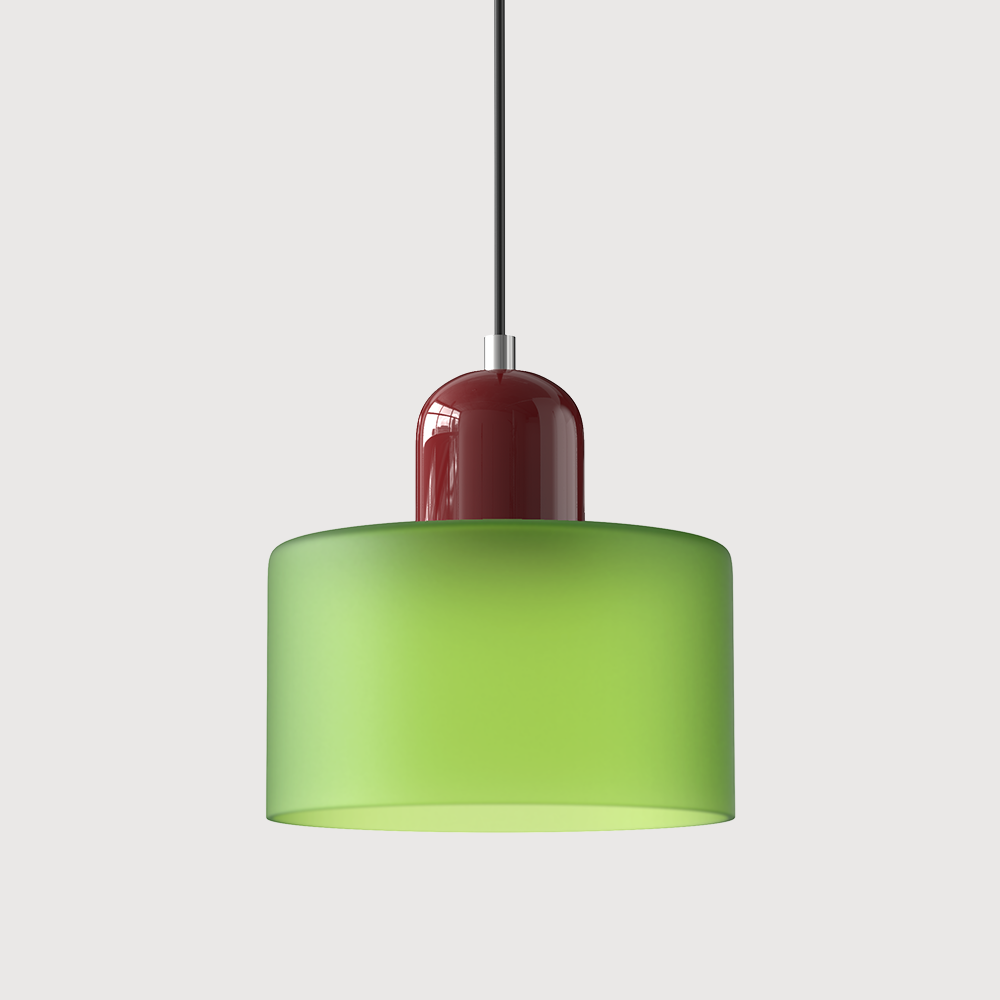 Pendant lamp with a frosted lime-green drum glass shade, a deep burgundy capsule cap and a black cord. 38