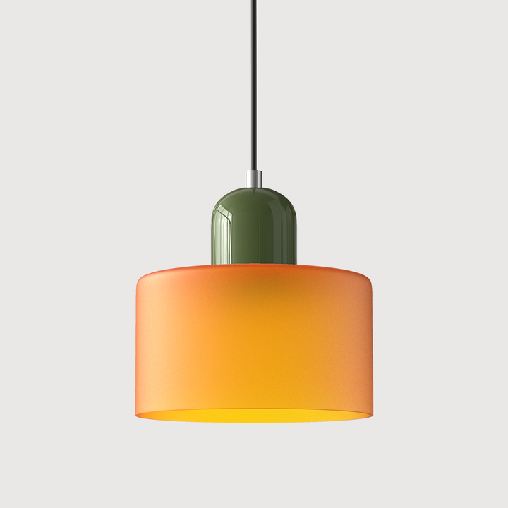 Frosted orange glass drum pendant light with an olive green cap and black cord on a plain light background. 19