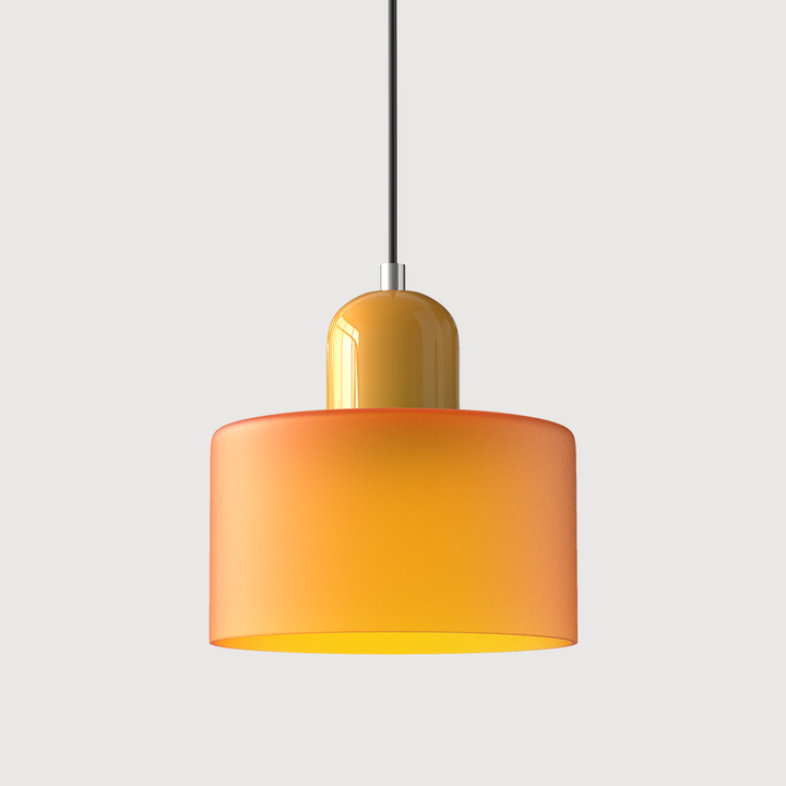 Pendant lamp with a frosted orange drum shade and a glossy mustard-yellow capsule cap on a black cord. 22
