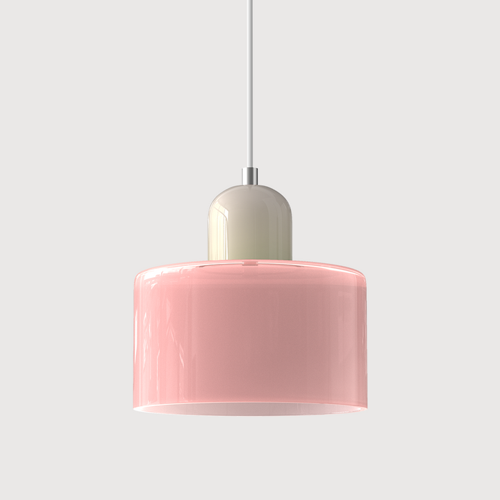 Pink glass drum pendant light with a cream cap and white cord on a plain light background. 11