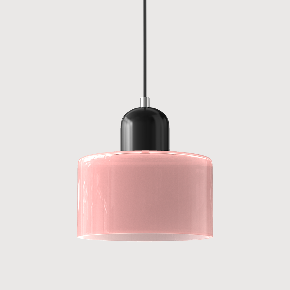 Pink glass drum pendant light with a glossy black cap and black cord on a plain light background. 9