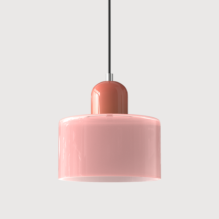 Pink glass drum pendant light with a coral cap and black cord, shown alone on a light gray background. 6