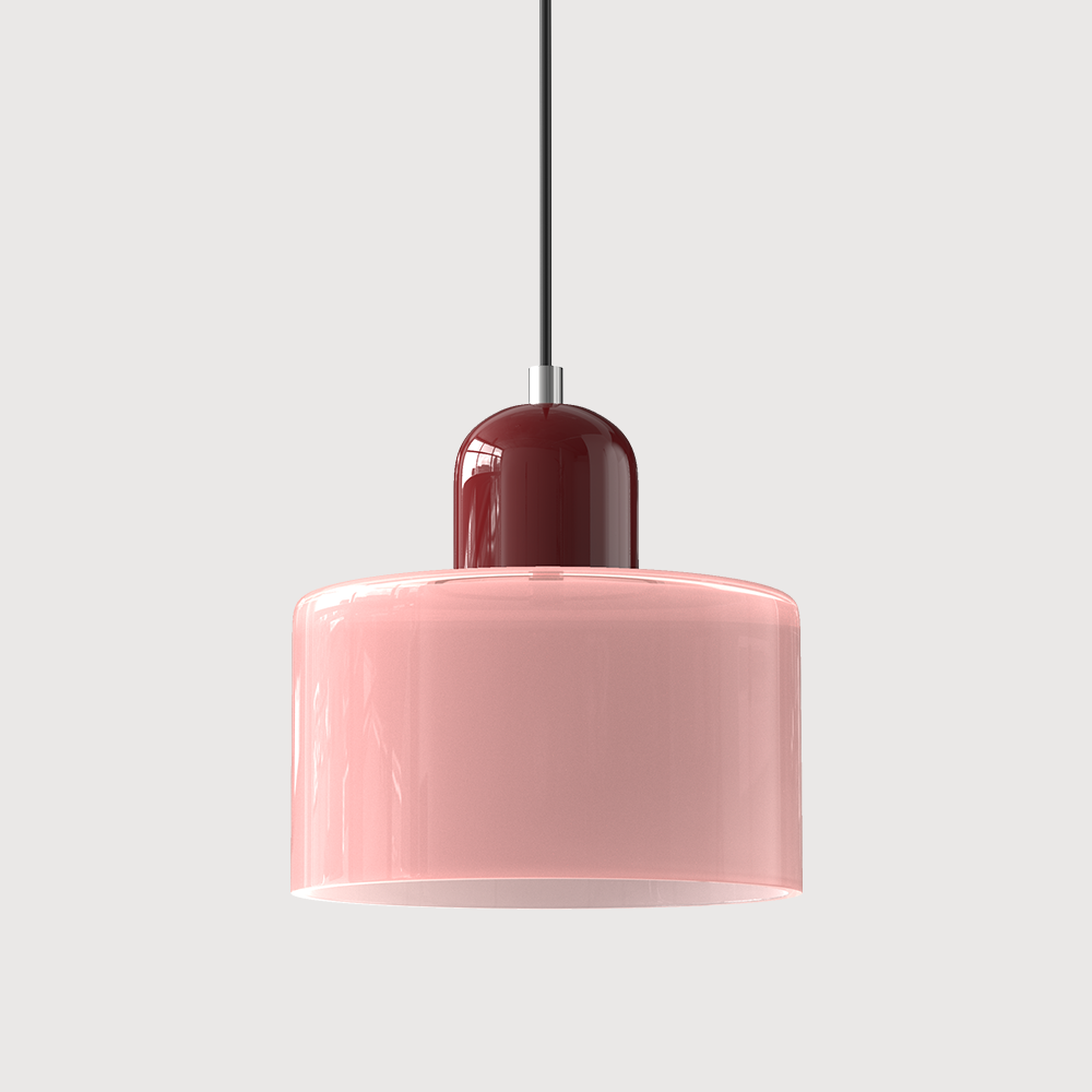 Pink glass drum pendant light with a burgundy cap and black cord on a plain light background. 8