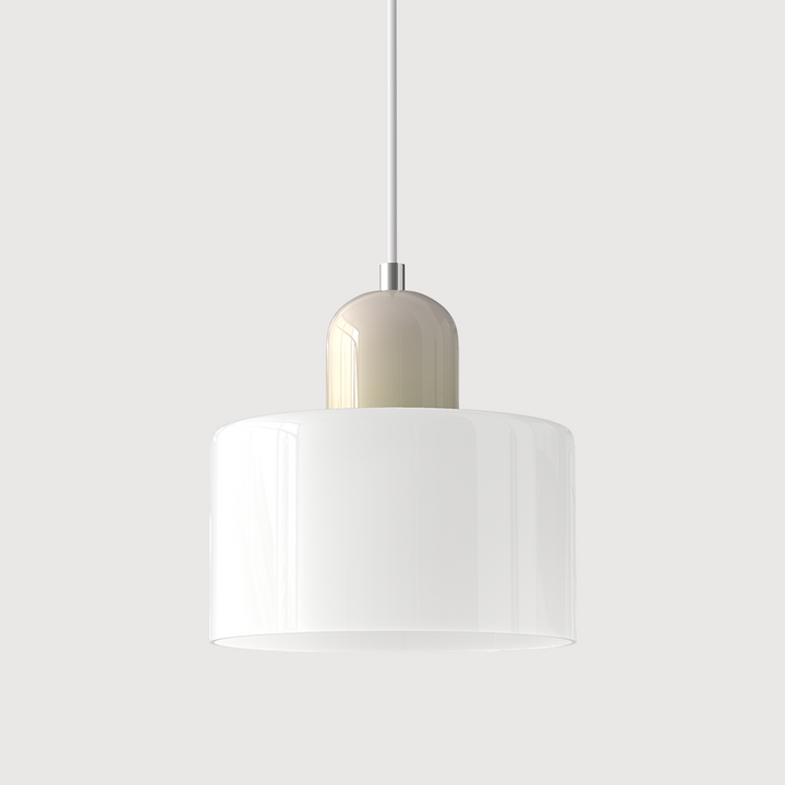 Pendant lamp with a glossy white drum glass shade, a beige capsule cap and a white cord. 29