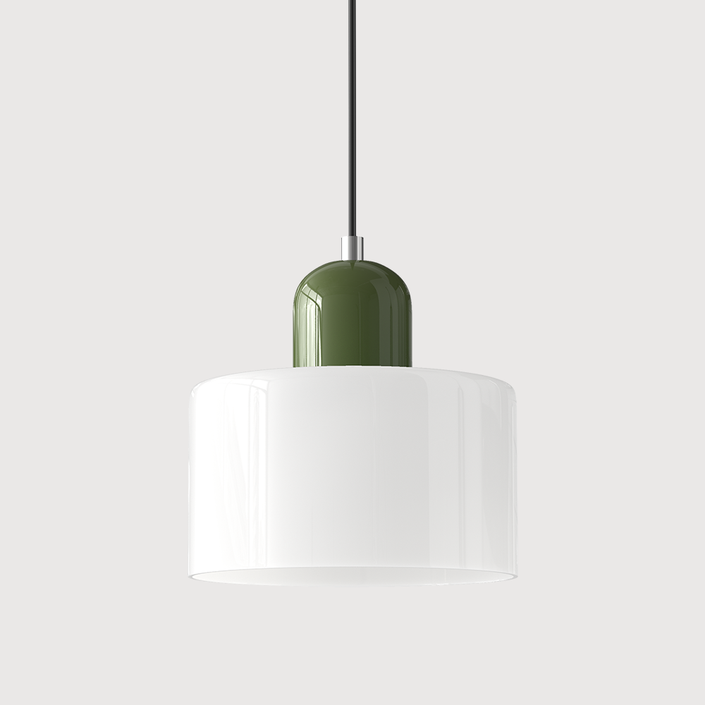 Pendant lamp with a glossy white drum glass shade, an olive-green capsule cap and a black cord. 25