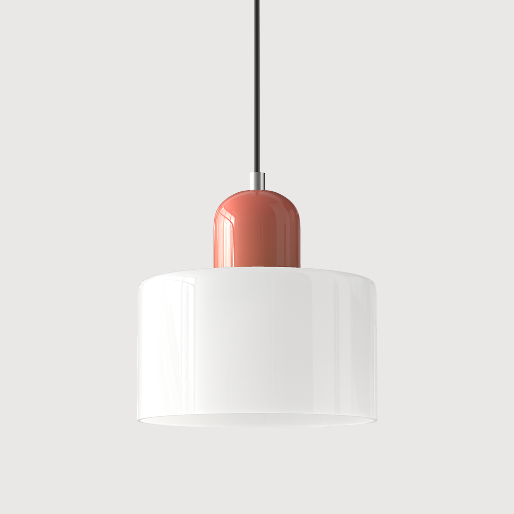 Pendant lamp with a glossy white drum glass shade, a coral-pink capsule cap and a black cord. 24