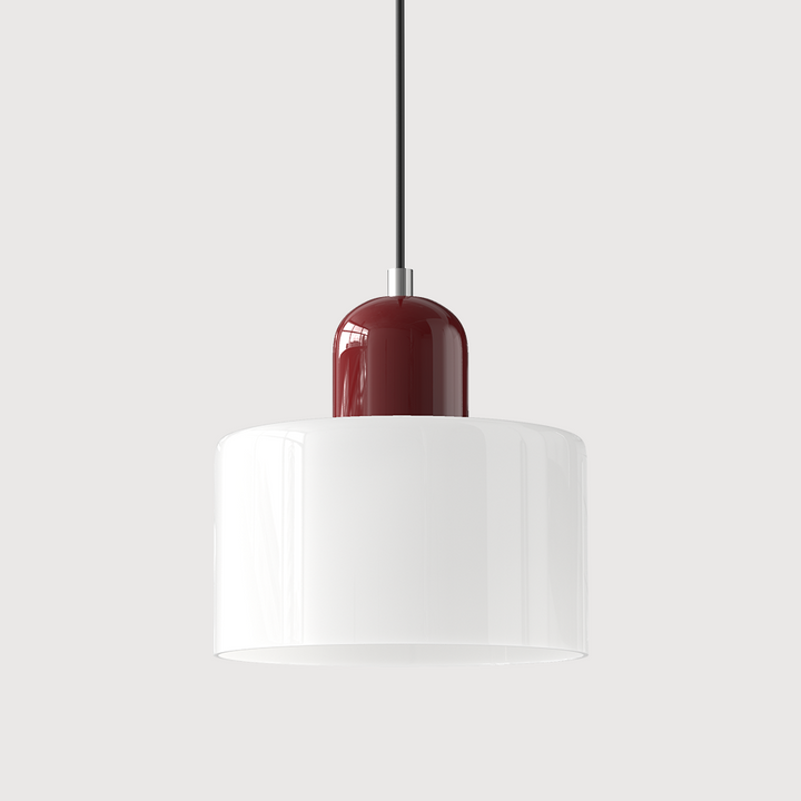 Pendant lamp with a glossy white drum glass shade, a deep burgundy capsule cap and a black cord. 26