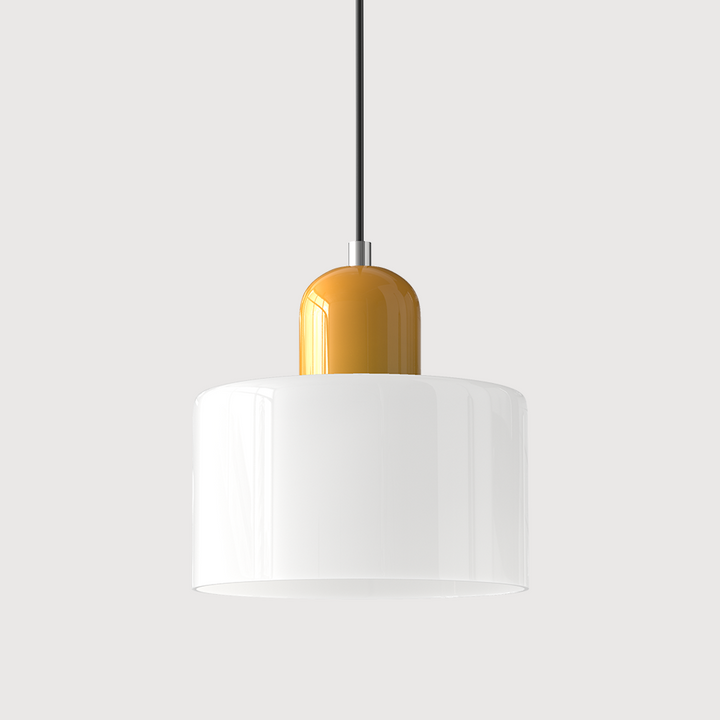 Pendant lamp with a glossy white drum glass shade, a mustard-yellow capsule cap and a black cord. 28