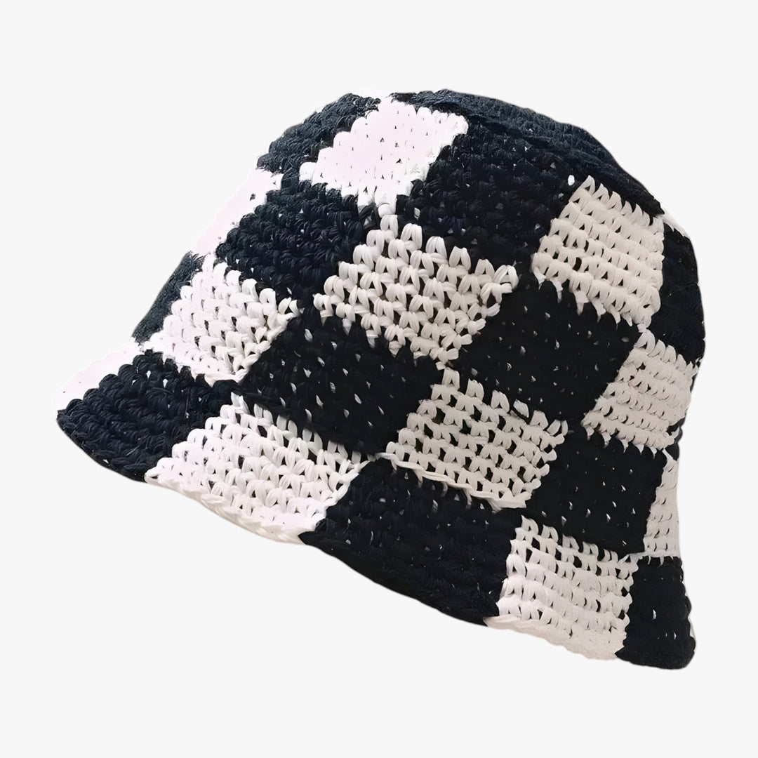 Crocheted ladies' fisherman's hat with check pattern – Faye-Black White-Nora Luxe