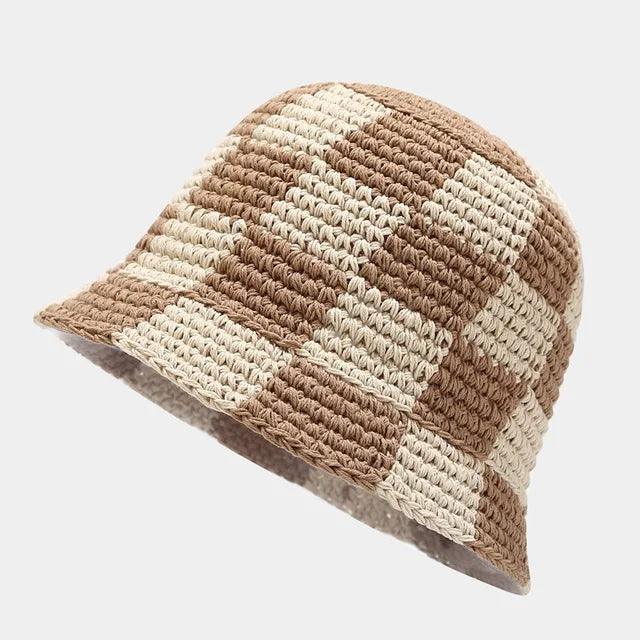 Crocheted ladies' fisherman's hat with check pattern – Faye-Brown White-Nora Luxe