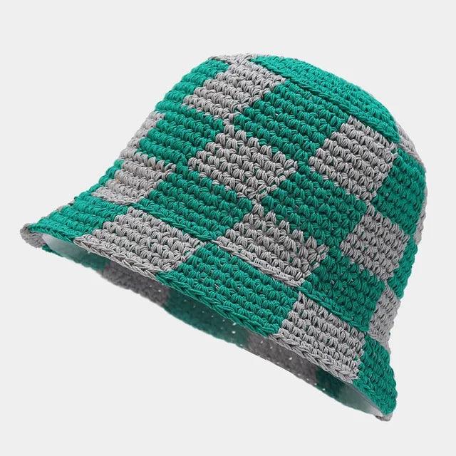 Crocheted ladies' fisherman's hat with check pattern – Faye-Green White-Nora Luxe