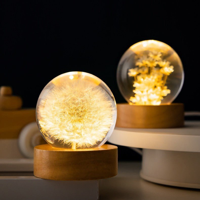 Crystal Ball Lamp with Eternal Flowers – Lumora-Dandelion-The Livary
