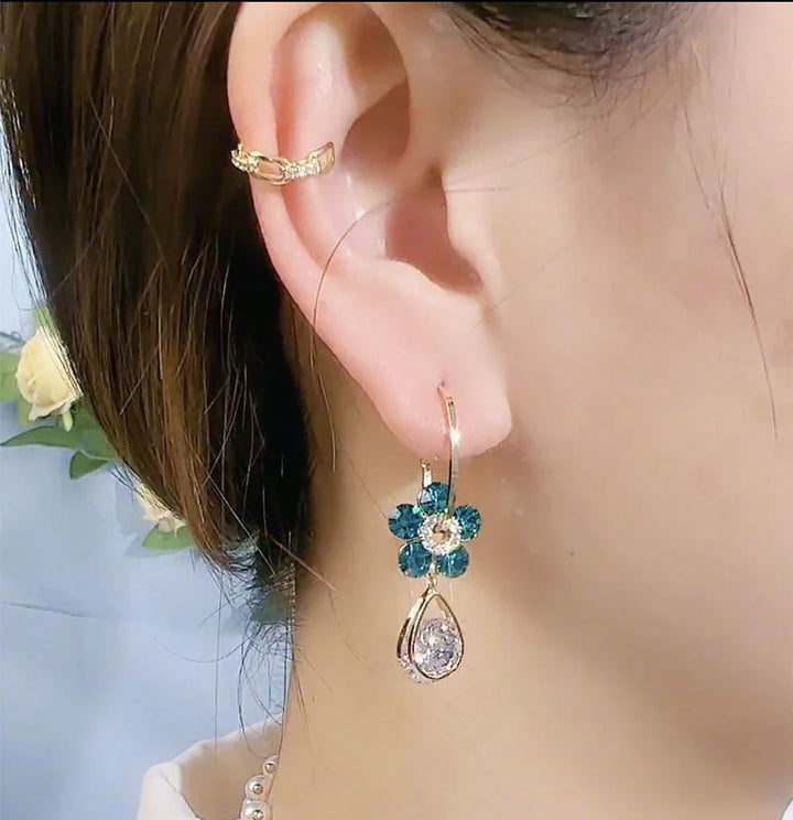 Crystal Flower Earrings-Blue-Nora Luxe