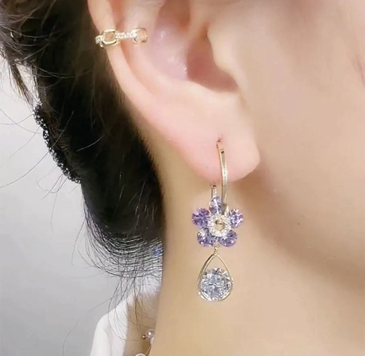 Crystal Flower Earrings-Blue-Nora Luxe