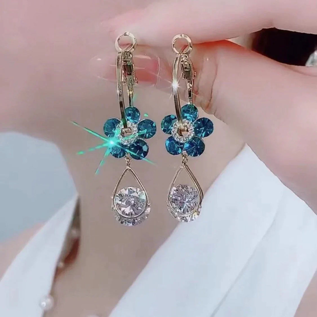 Crystal Flower Earrings-Blue-Nora Luxe
